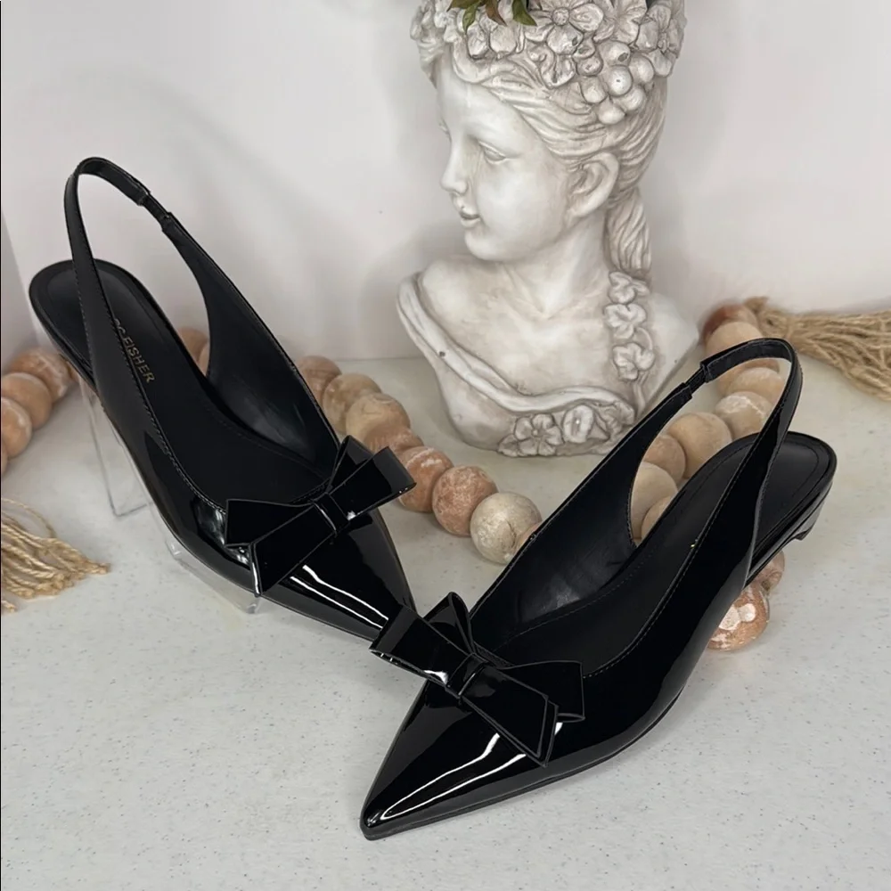 Marc Fisher Black Patent Pointed Toe Slingback Flats with Bow - Picture 2 of 13